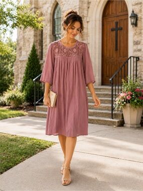 Indigo Rose Mauve Embroidered Midi Dress 2XL NWOT Boho Cottagecore